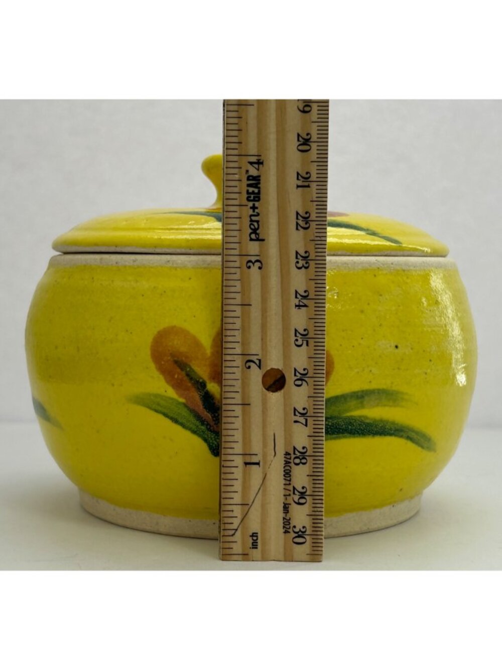 Vintage Vibrant Yellow Lidded Pottery Jar Floral Cottagecore Farmhouse Country - Picture 8 of 8